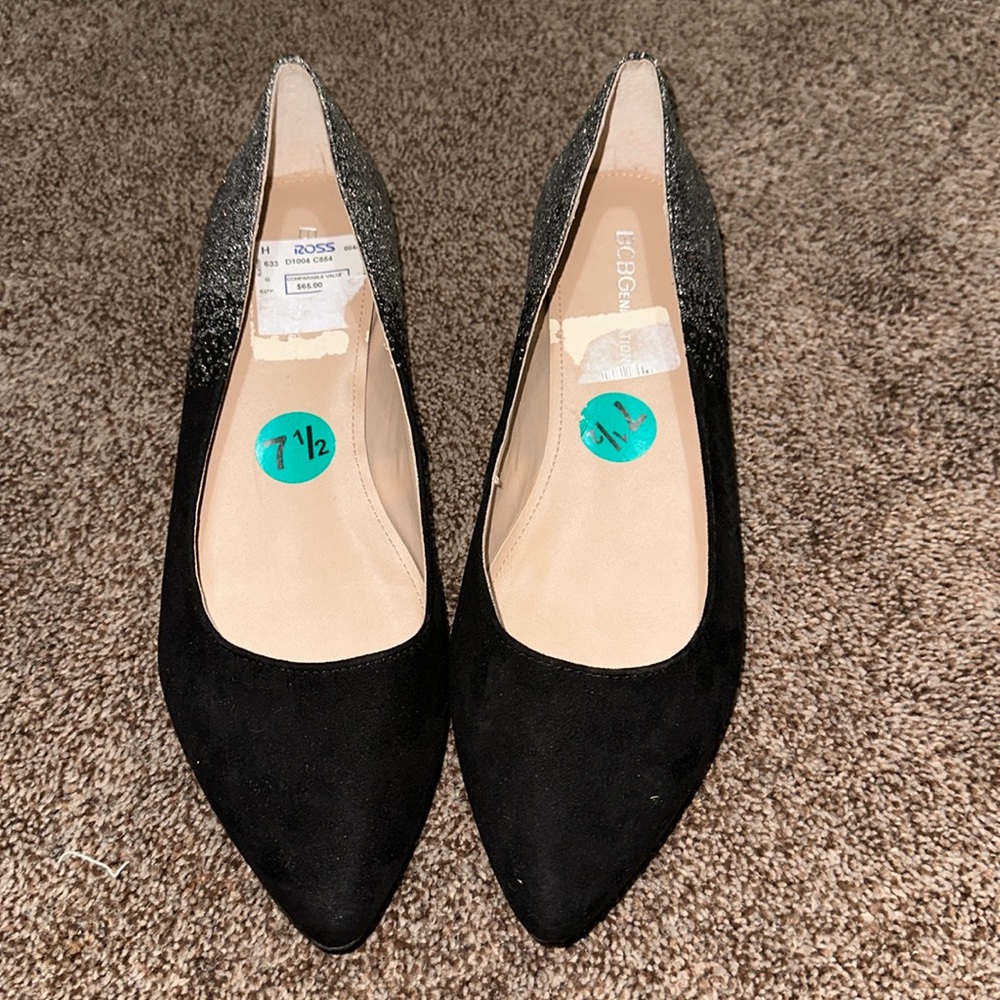 BCBGeneration Black & Silver Pointed Toe Flats Size 7.5